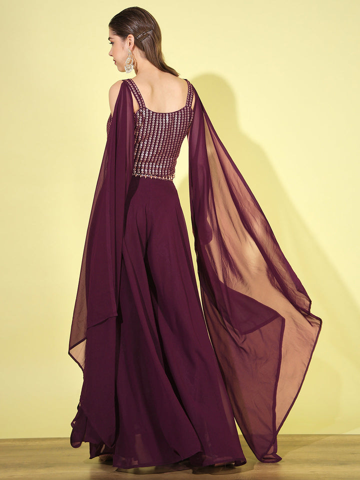 Plum Sequin Embellished Tassled Crop Top with Flared Pallazo Set