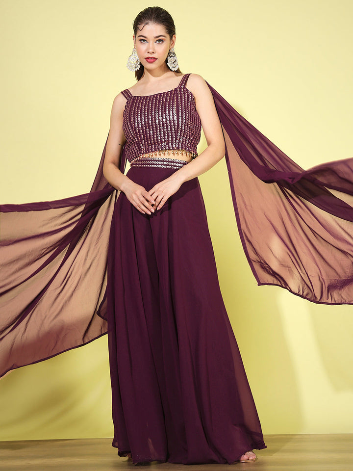 Plum Sequin Embellished Tassled Crop Top with Flared Pallazo Set