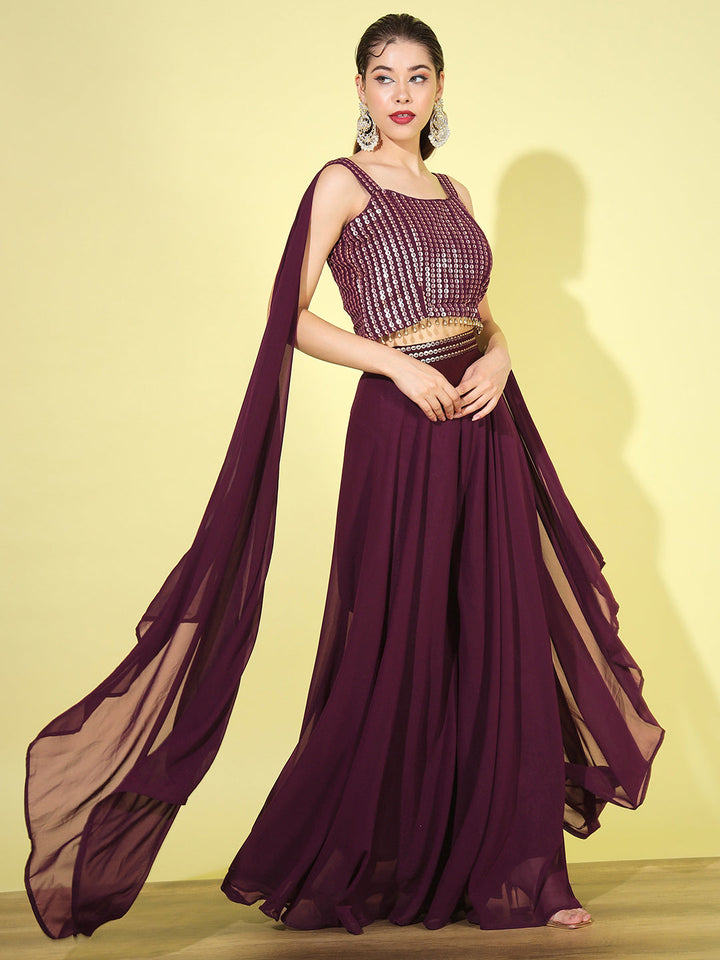 Plum Sequin Embellished Tassled Crop Top with Flared Pallazo Set