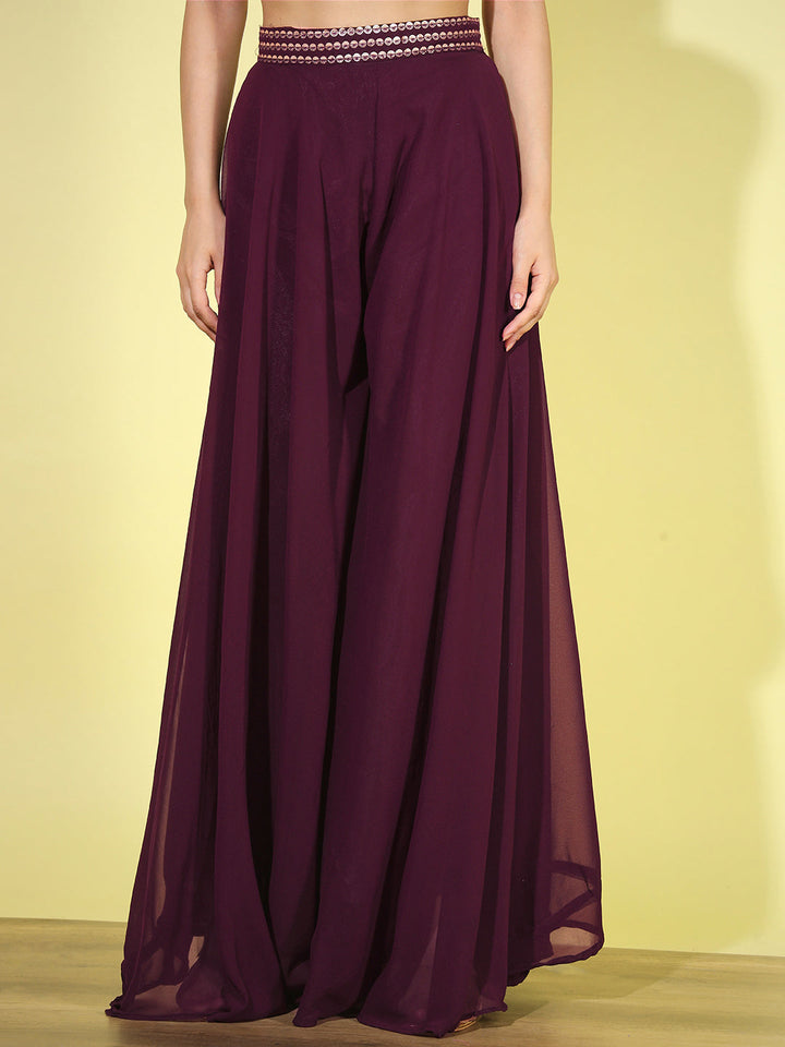 Plum Sequin Embellished Tassled Crop Top with Flared Pallazo Set