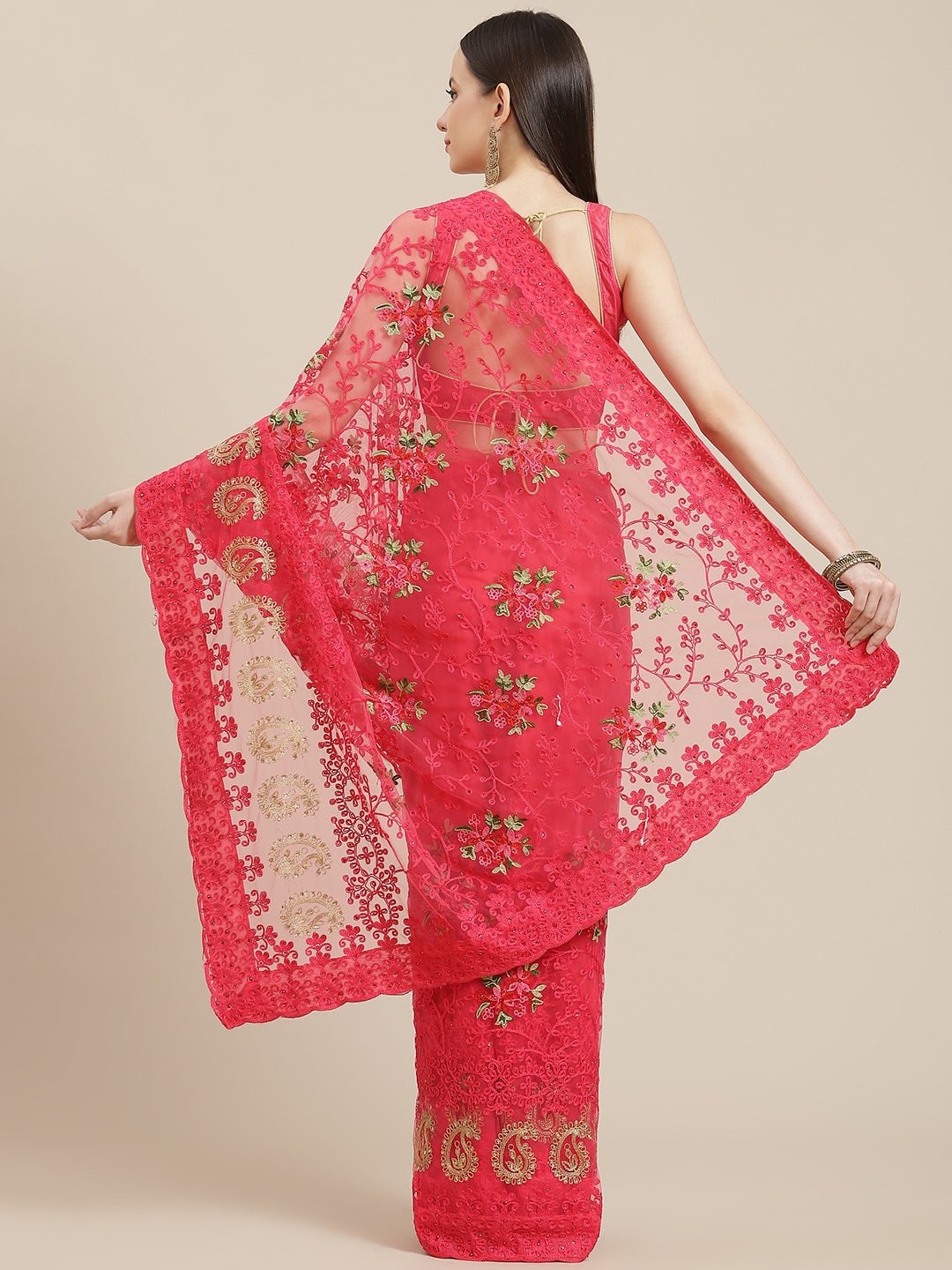 Coral Pink Stylish Floral Cutwork Scalloped Border Net Saree
