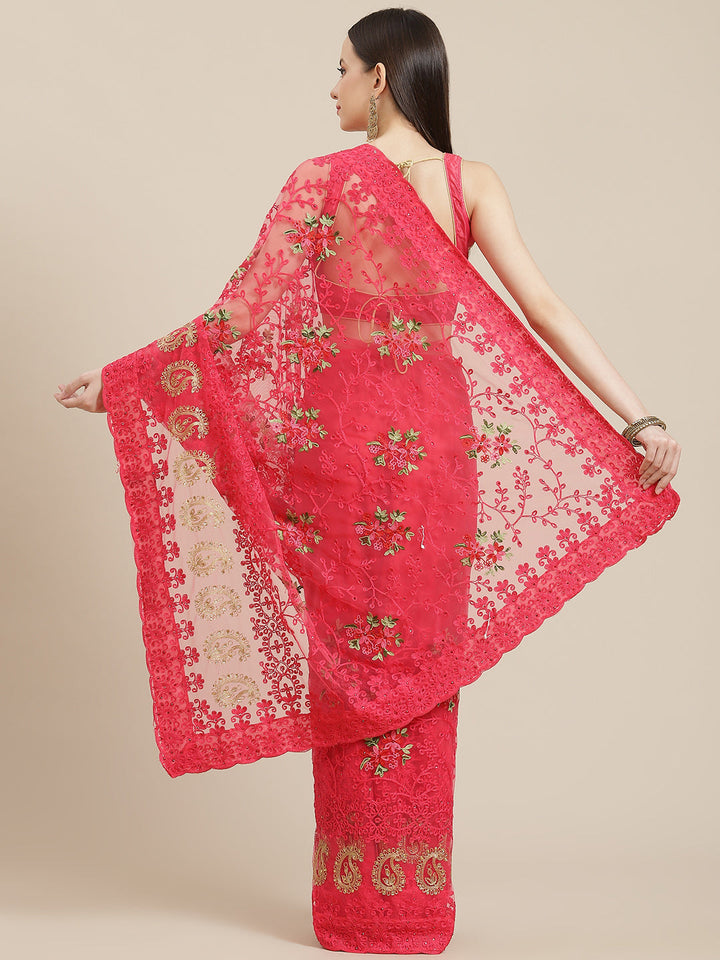 Coral Pink Stylish Floral Cutwork Scalloped Border Net Saree