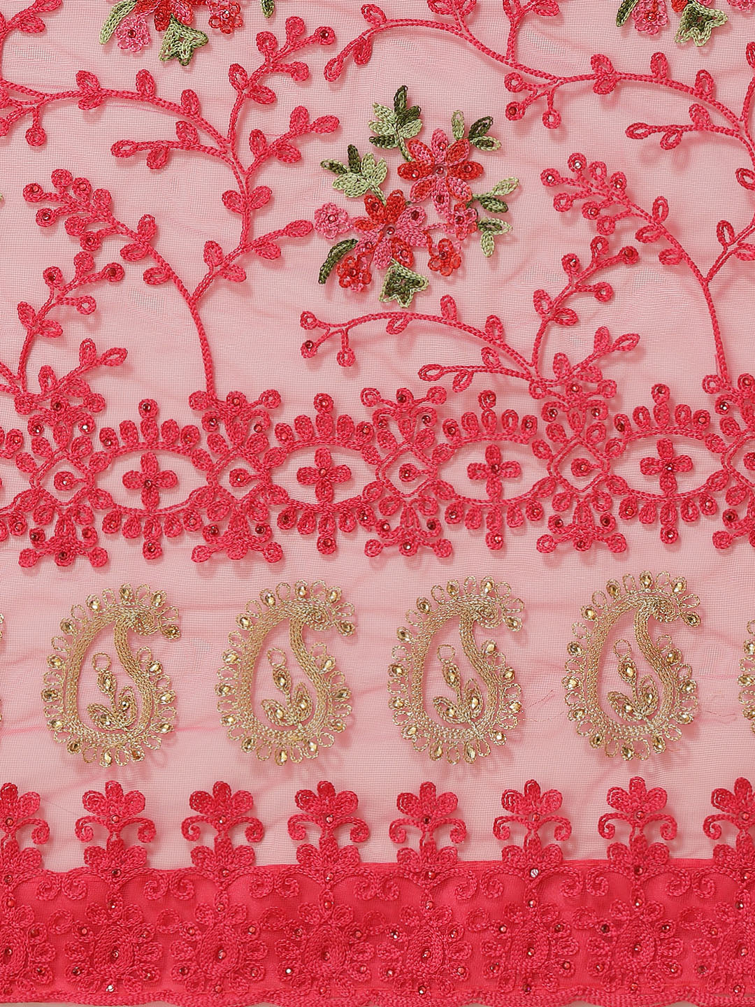 Coral Pink Stylish Floral Cutwork Scalloped Border Net Saree