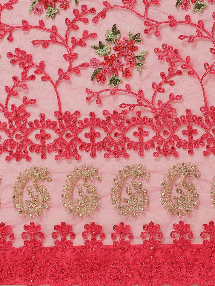 Coral Pink Stylish Floral Cutwork Scalloped Border Net Saree