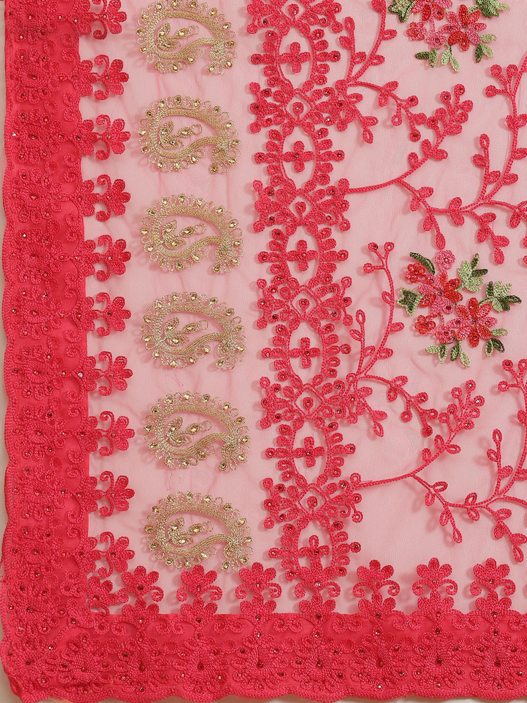Coral Pink Stylish Floral Cutwork Scalloped Border Net Saree
