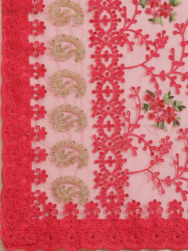 Coral Pink Stylish Floral Cutwork Scalloped Border Net Saree