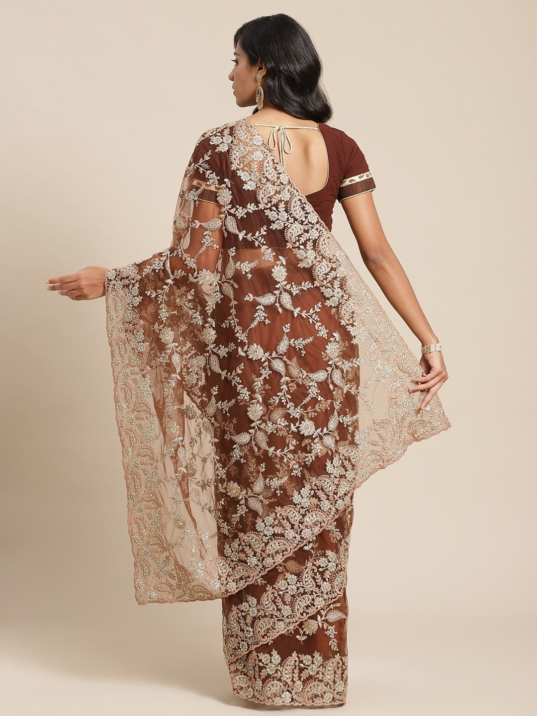 Resham Embroidered Net Saree with Zari and Crystal Embellishments