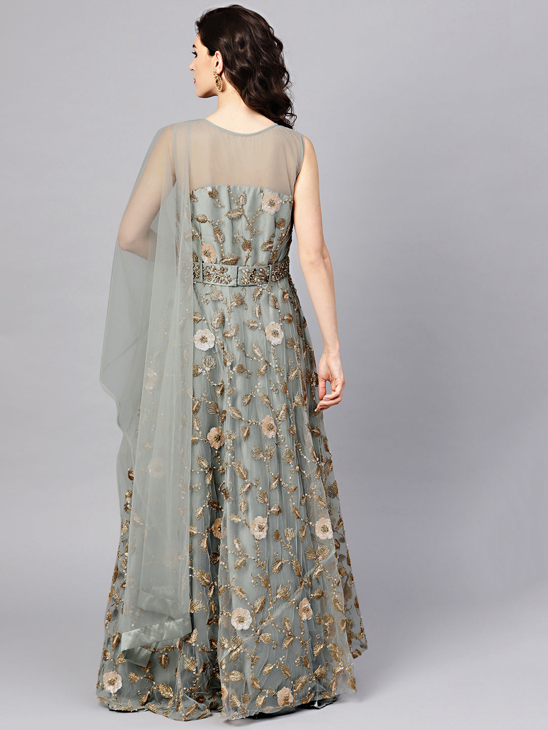 Kundan Embellished Gown with Belt and Dupatta