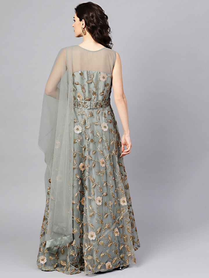 Kundan Embellished Gown with Belt and Dupatta