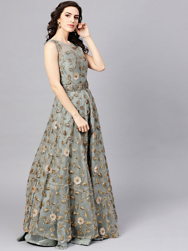 Kundan Embellished Gown with Belt and Dupatta