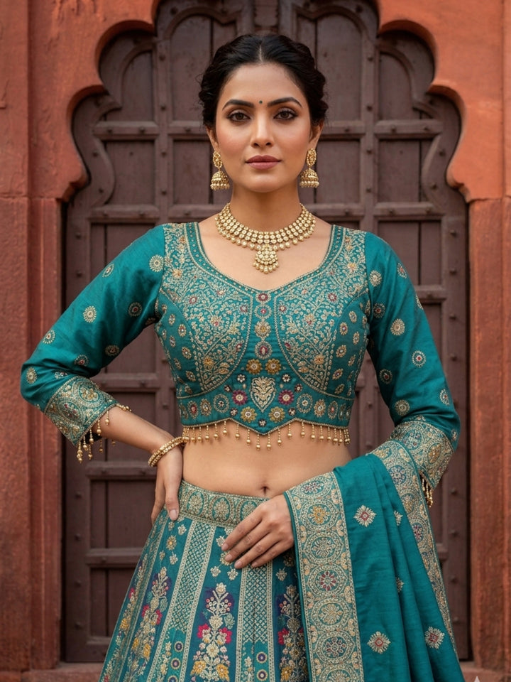 Teal Blue Silk Multicolor Kalidar Lehenga Choli with Zari Weaving & Mirror Embroidery with Tassels