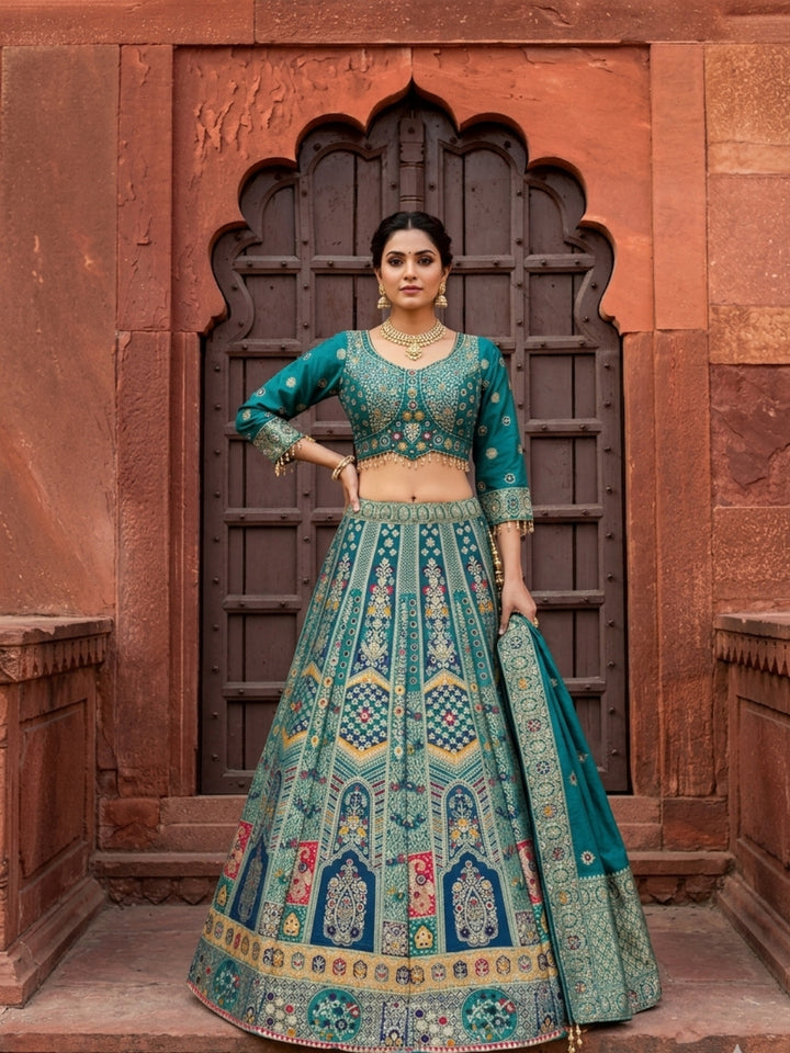 Teal Blue Silk Multicolor Kalidar Lehenga Choli with Zari Weaving & Mirror Embroidery with Tassels