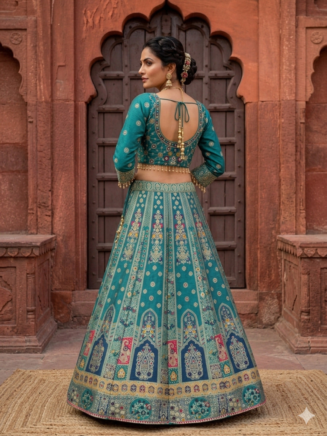 Teal Blue Silk Multicolor Kalidar Lehenga Choli with Zari Weaving & Mirror Embroidery with Tassels