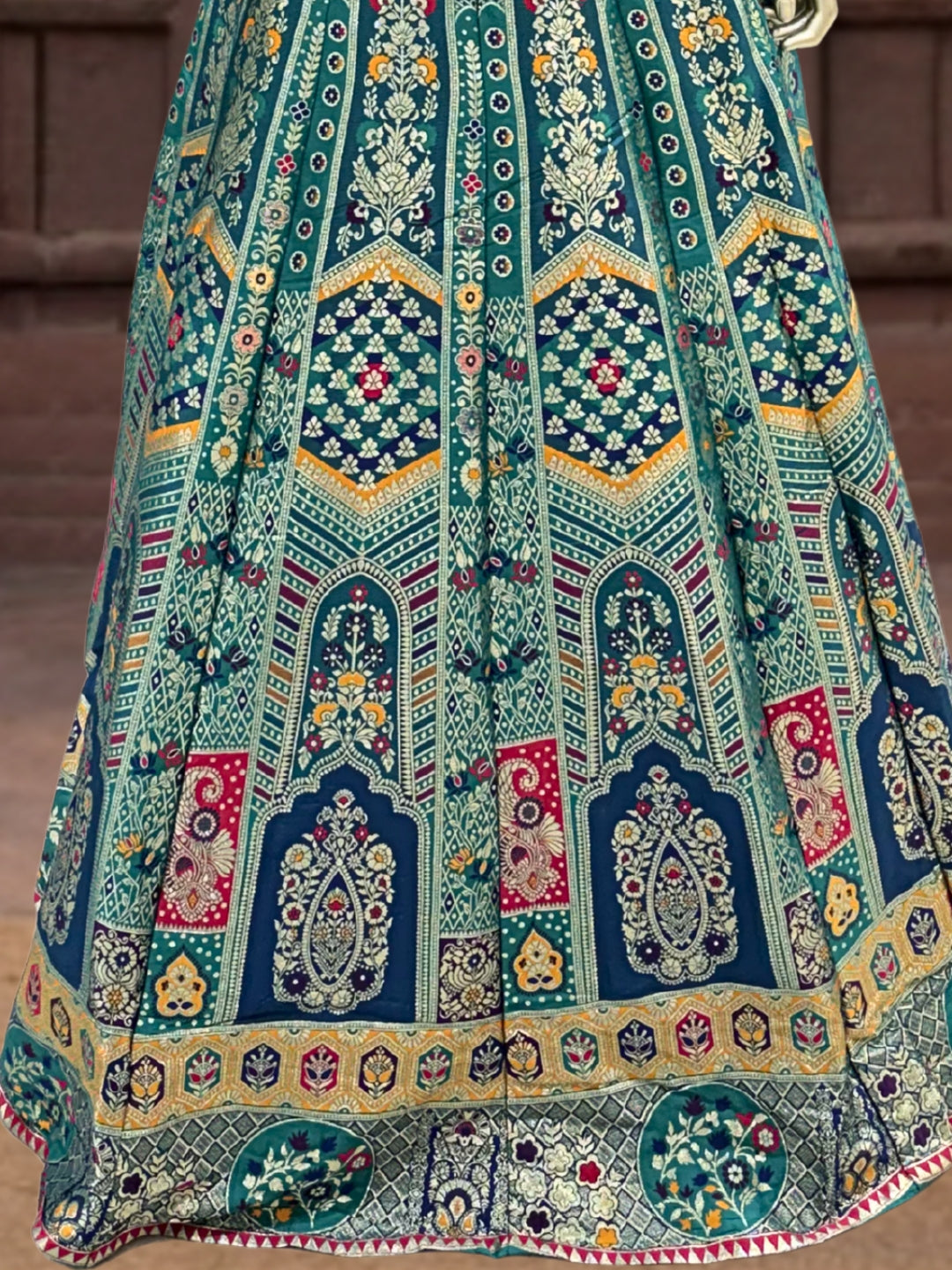 Teal Blue Silk Multicolor Kalidar Lehenga Choli with Zari Weaving & Mirror Embroidery with Tassels