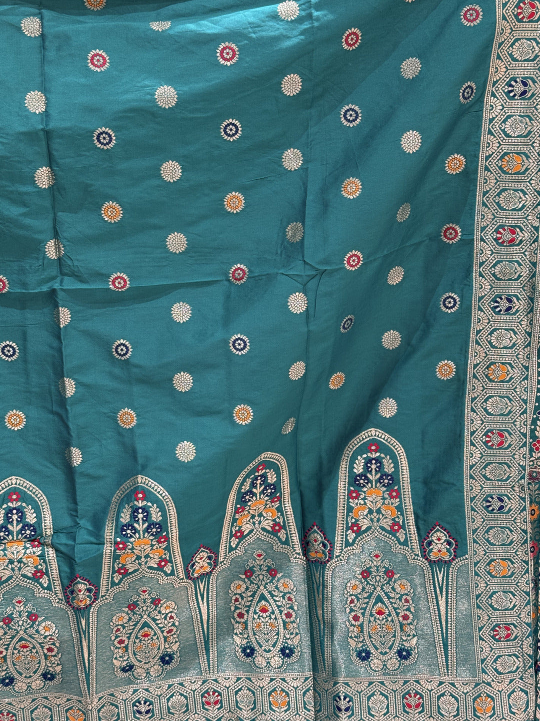 Teal Blue Silk Multicolor Kalidar Lehenga Choli with Zari Weaving & Mirror Embroidery with Tassels