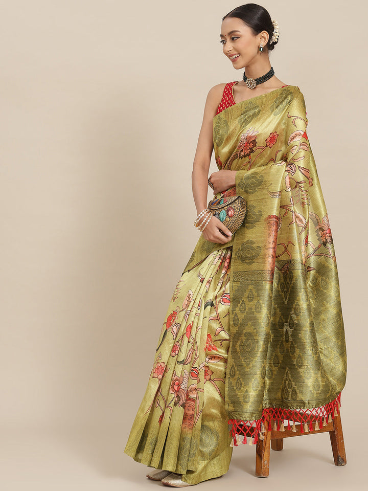 Mehendi Green Digital Printed Silk Saree With Paisley Woven Blouse
