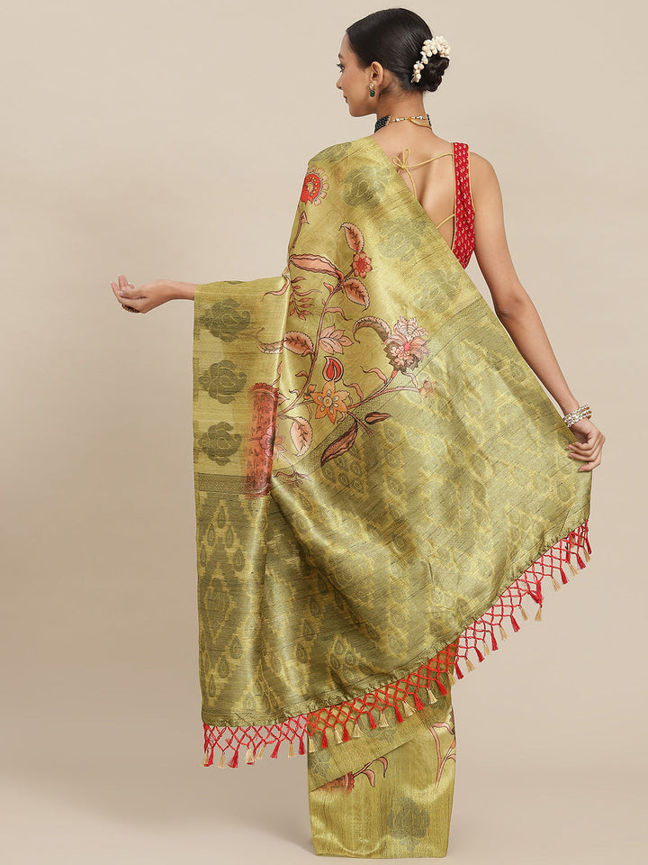 Mehendi Green Digital Printed Silk Saree With Paisley Woven Blouse