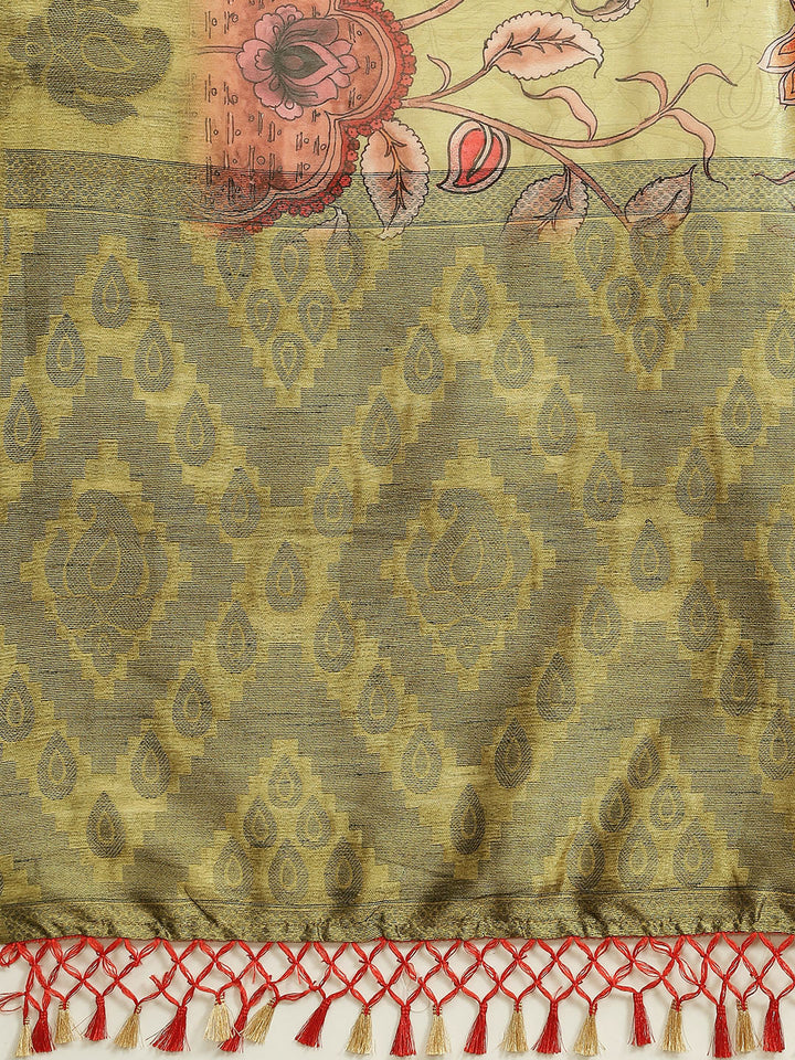 Mehendi Green Digital Printed Silk Saree With Paisley Woven Blouse