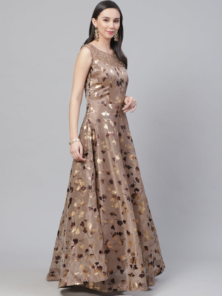Made to Measure Cocktail Organza Gown with Floral Foil Print & Embellished Neckline