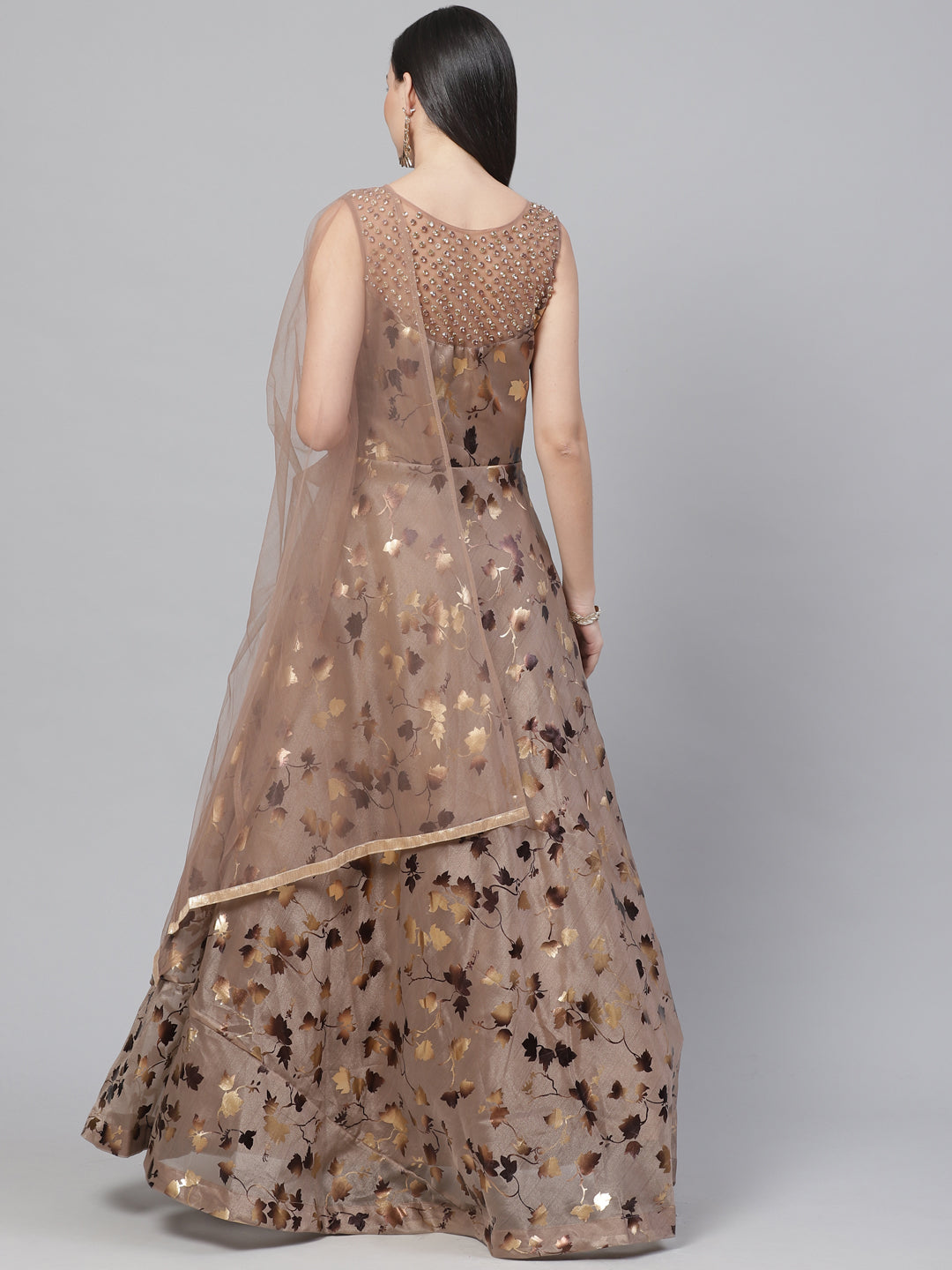 Made to Measure Cocktail Organza Gown with Floral Foil Print & Embellished Neckline