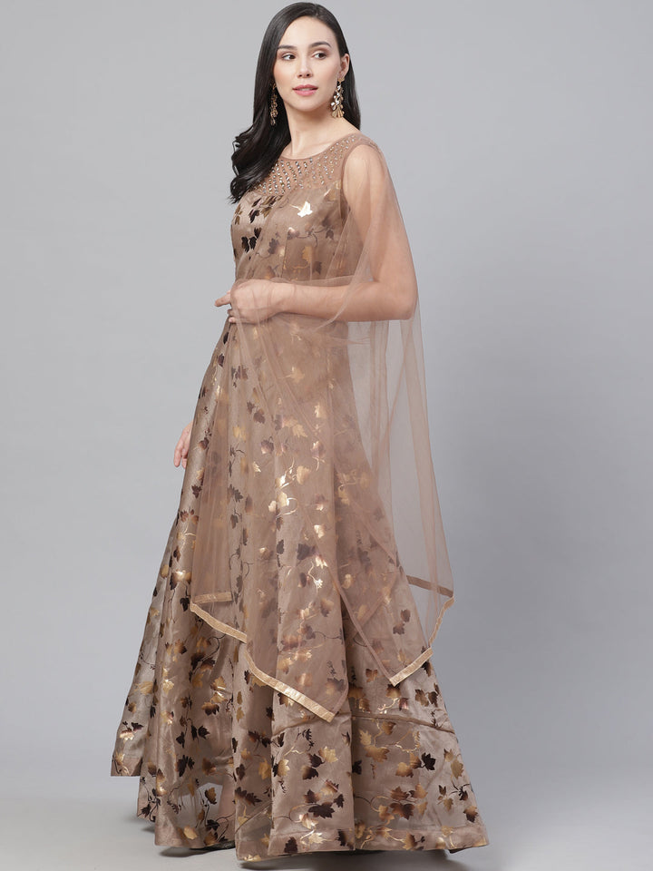 Made to Measure Cocktail Organza Gown with Floral Foil Print & Embellished Neckline