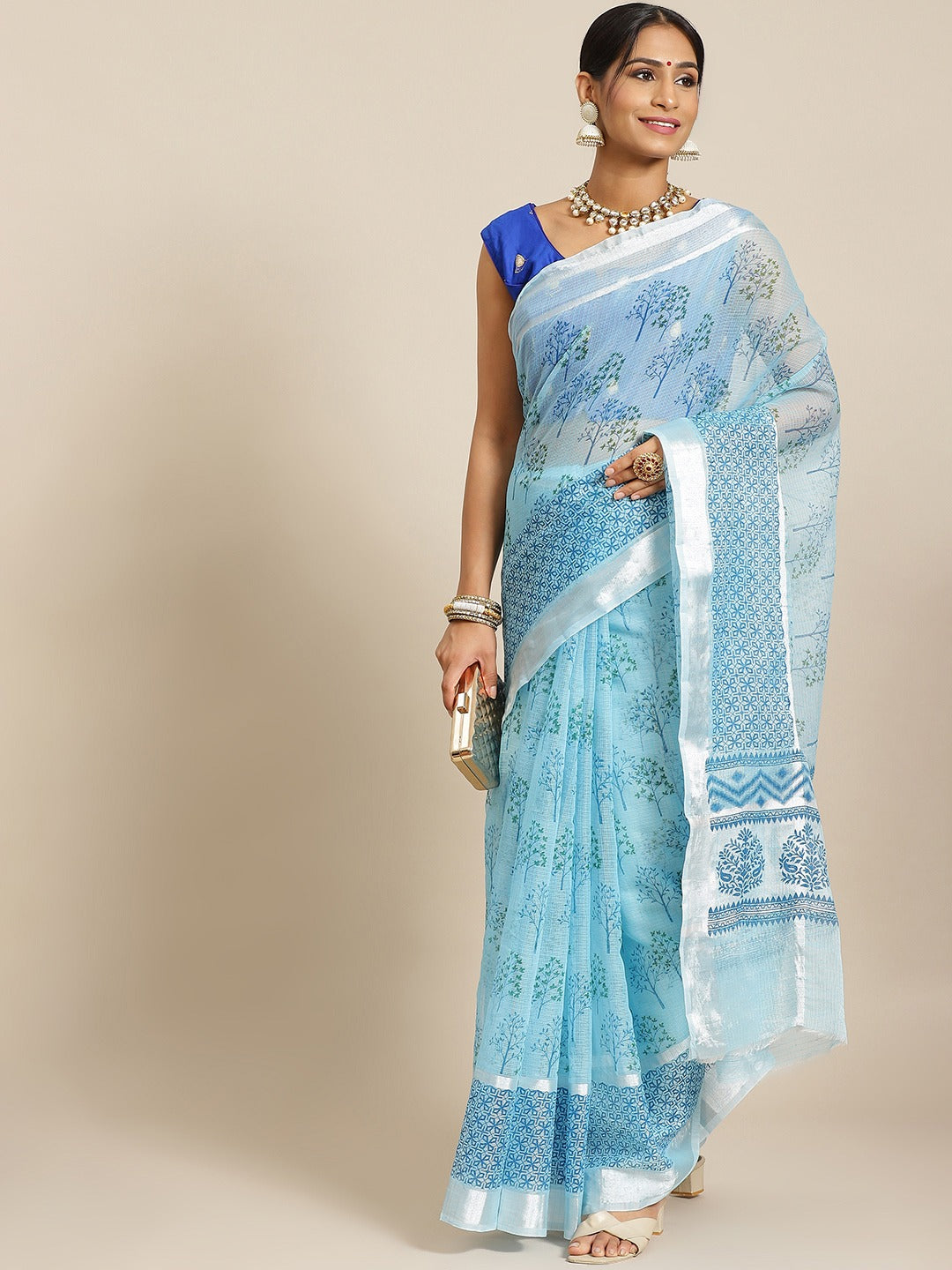 Pastel Blue Printed Floral Summerish Kota Cotton Saree
