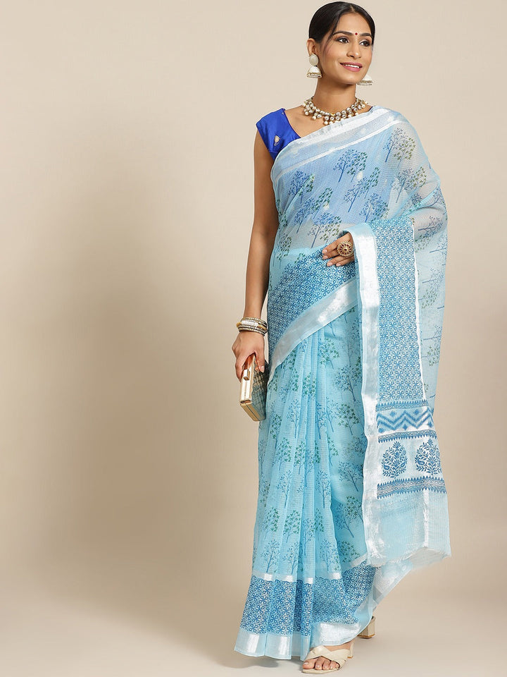 Pastel Blue Printed Floral Summerish Kota Cotton Saree