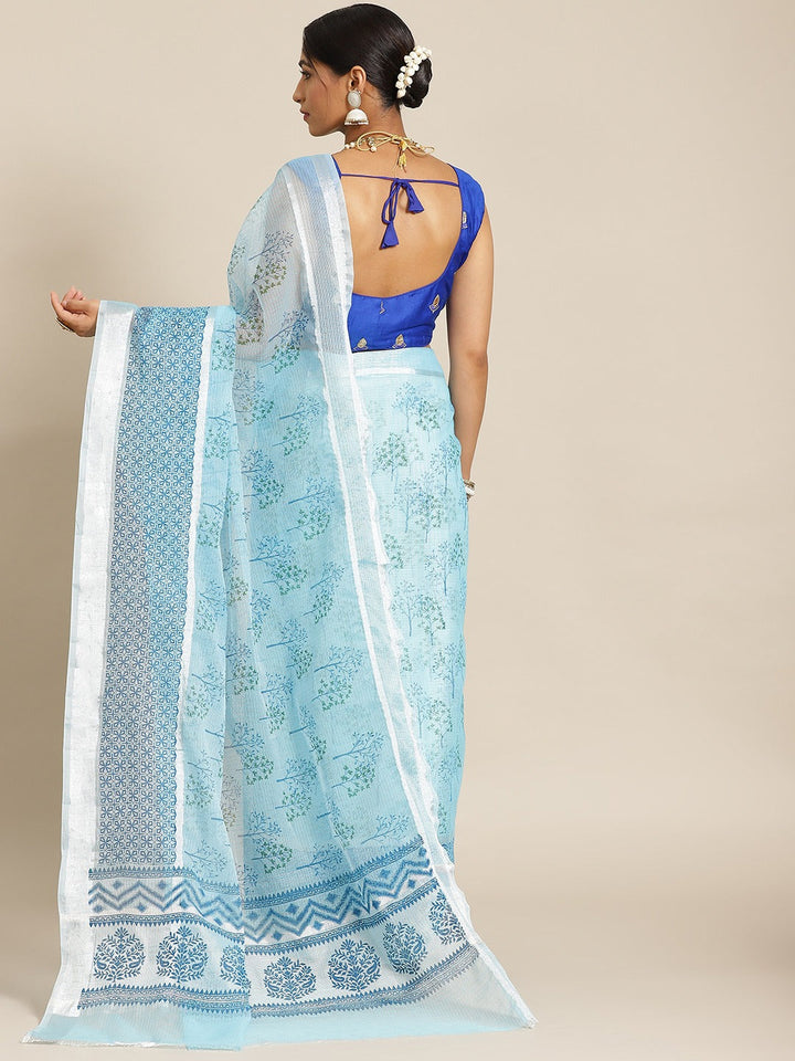 Pastel Blue Printed Floral Summerish Kota Cotton Saree