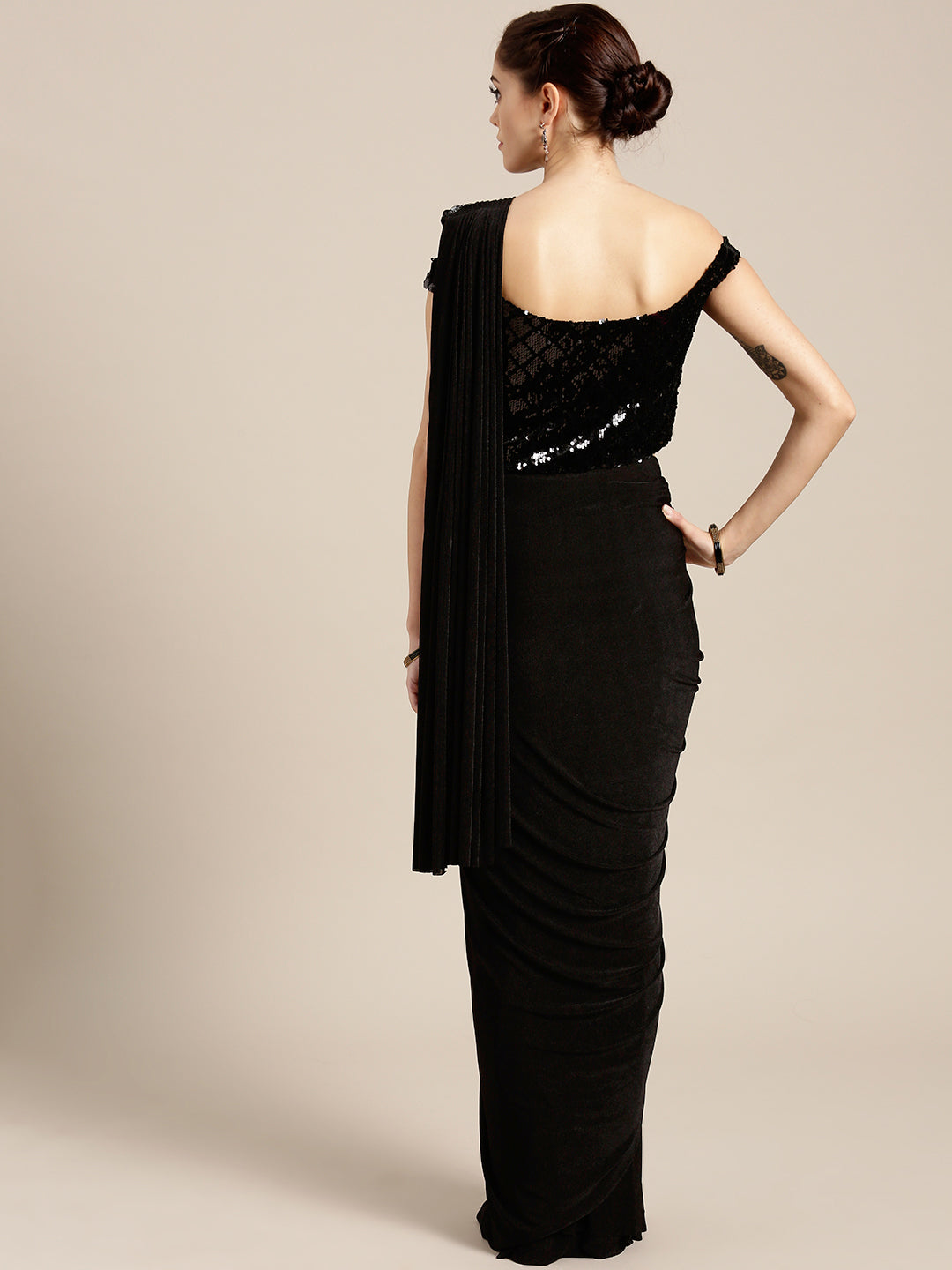 Draped Ruffled Pre-stitched Saree with Off-shoulder Sequined Crop Top Blouse