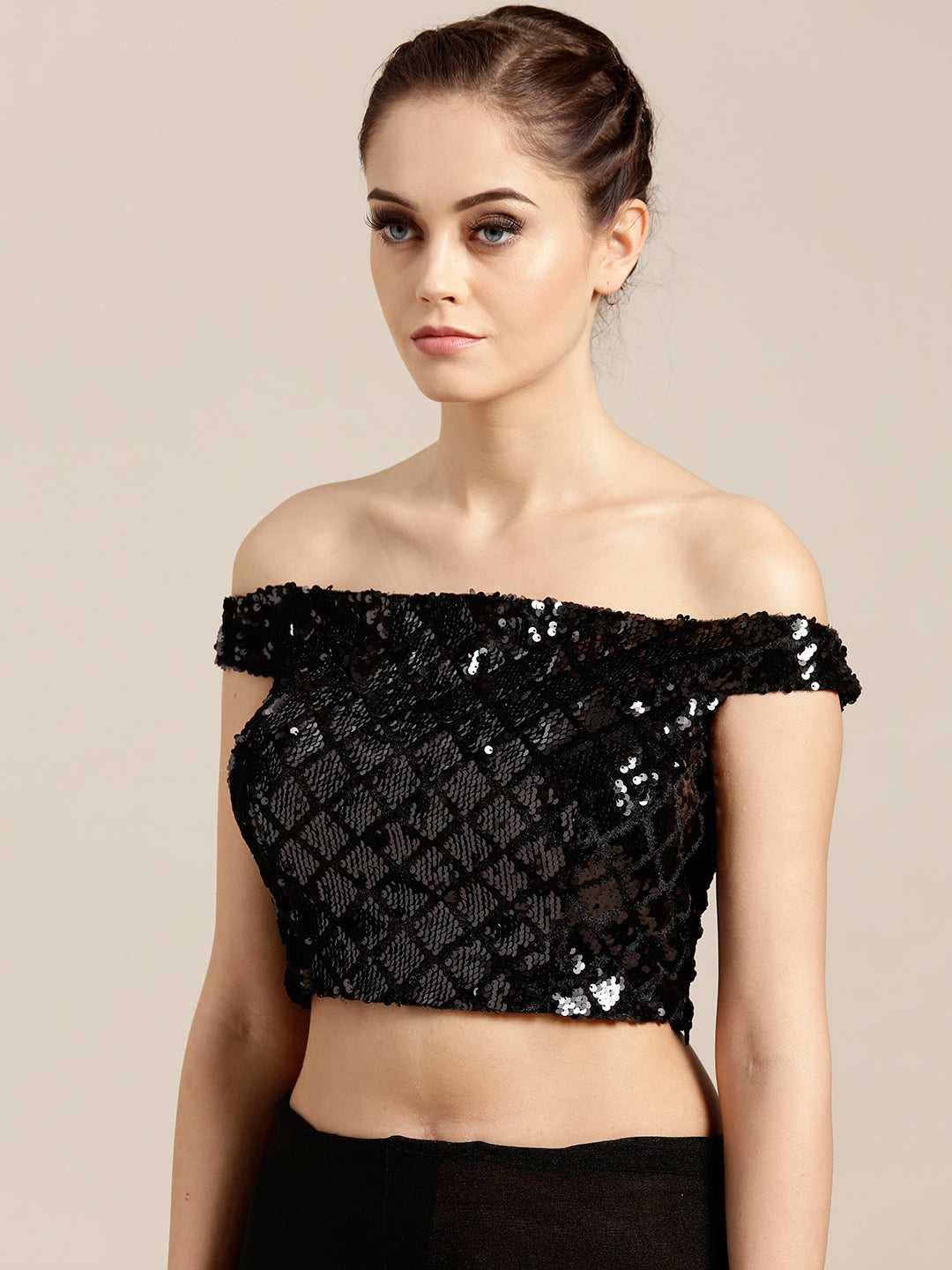 Draped Ruffled Pre-stitched Saree with Off-shoulder Sequined Crop Top Blouse