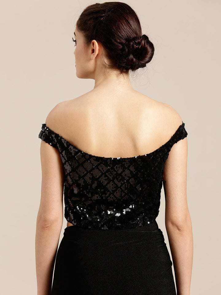 Draped Ruffled Pre-stitched Saree with Off-shoulder Sequined Crop Top Blouse