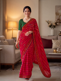Bandhani Printed Saree with Contrast Pink Border