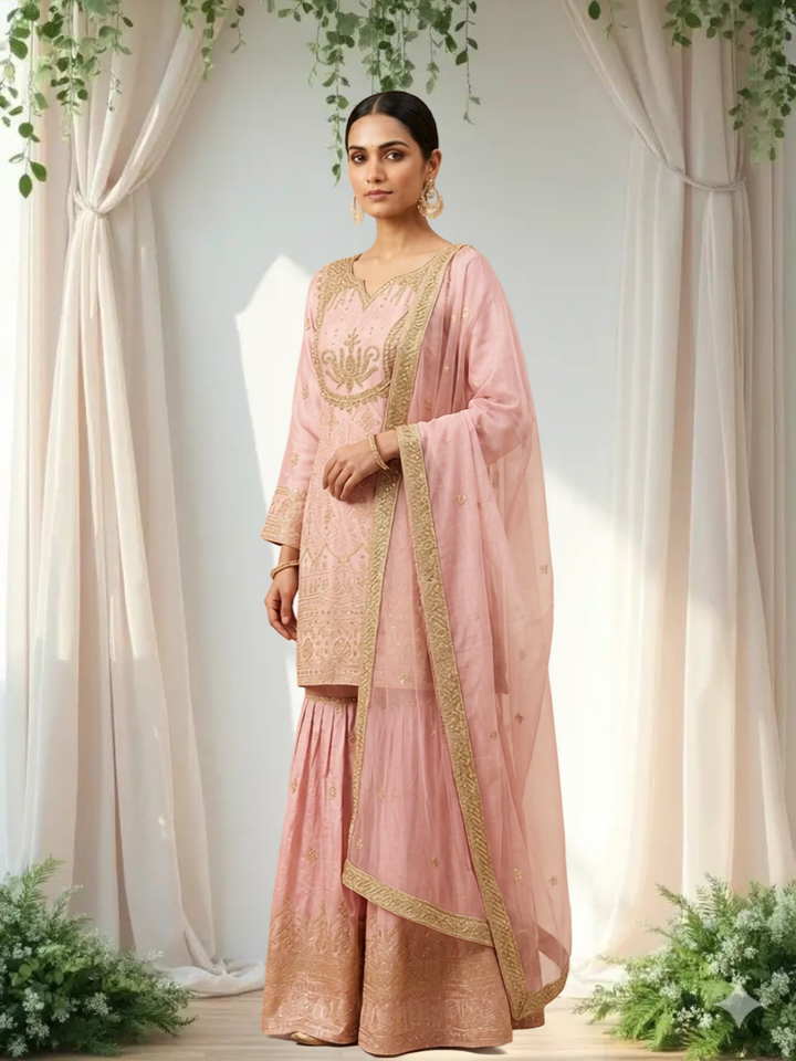 Zardozi Embroidered Straight Kurta with Gharara & Dupatta