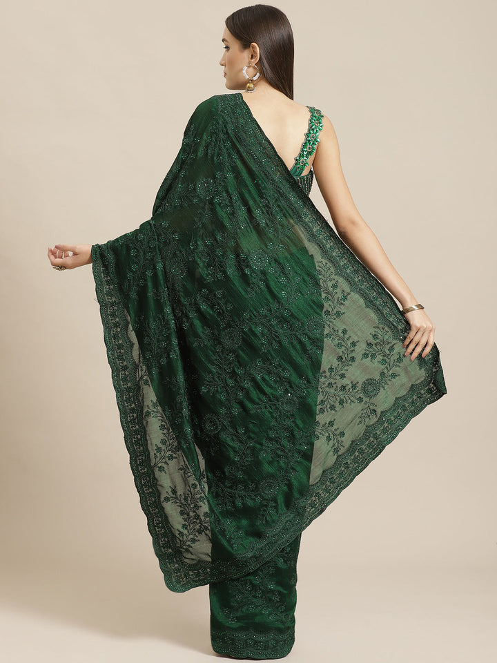 Bottle Green Raw Silk Scalloped Cut Work Saree with Stone & Resham Thread Embroidery