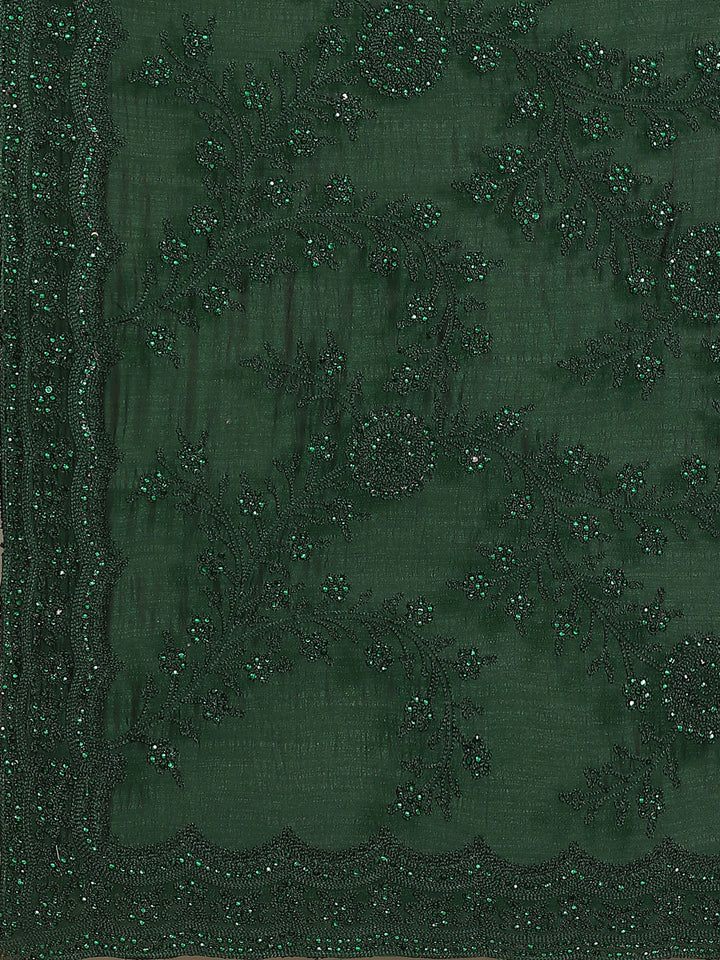 Bottle Green Raw Silk Scalloped Cut Work Saree with Stone & Resham Thread Embroidery