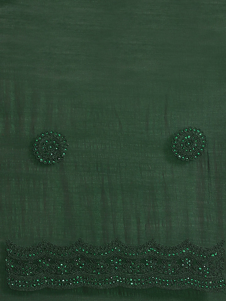 Bottle Green Raw Silk Scalloped Cut Work Saree with Stone & Resham Thread Embroidery