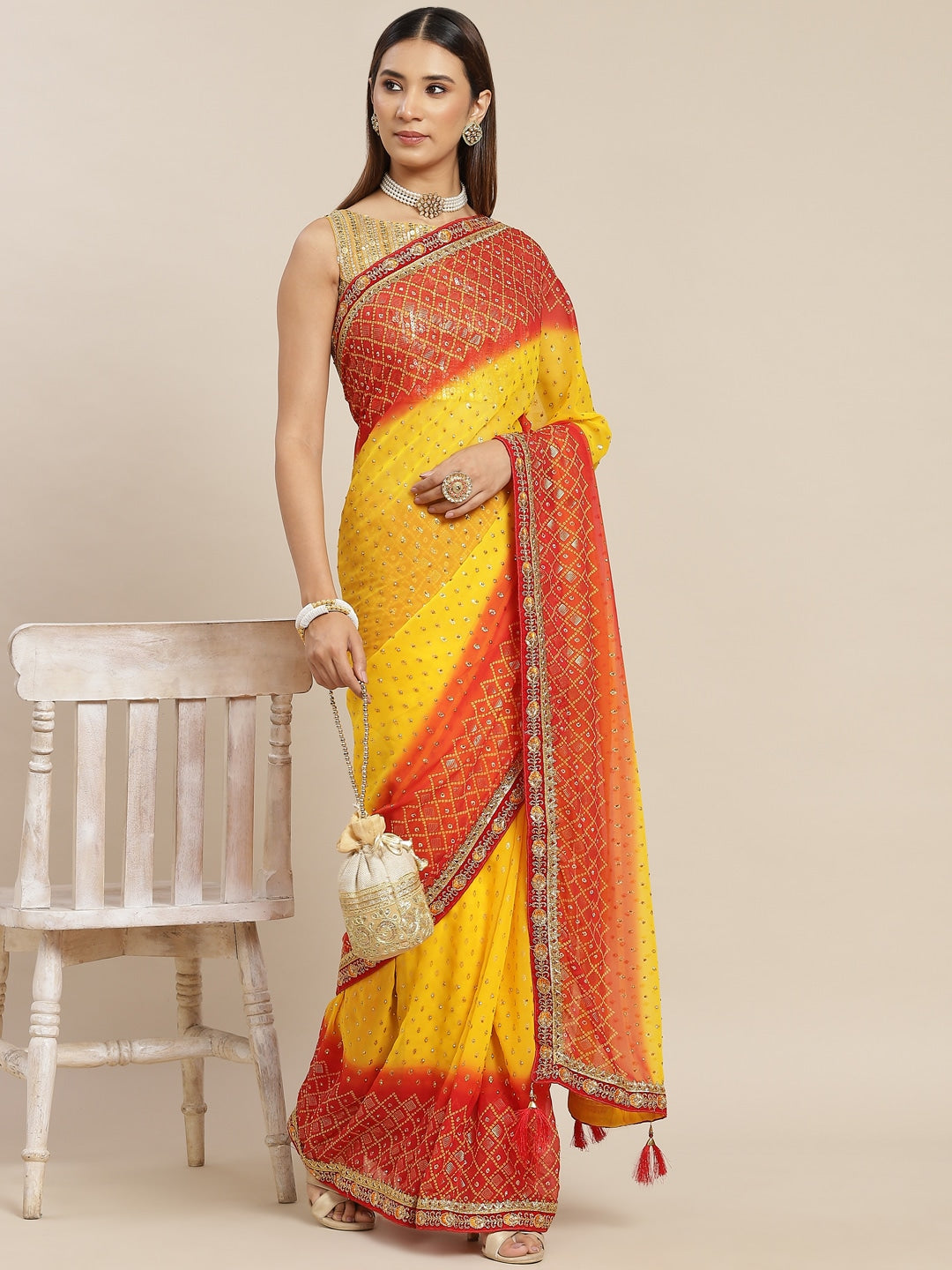 Ombre Bandhej Foil Print Georgette Saree with Embroidered Border