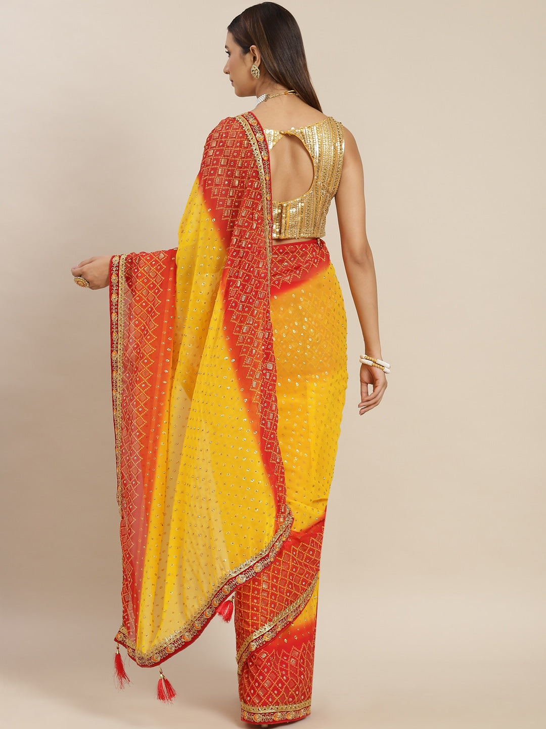 Ombre Bandhej Foil Print Georgette Saree with Embroidered Border