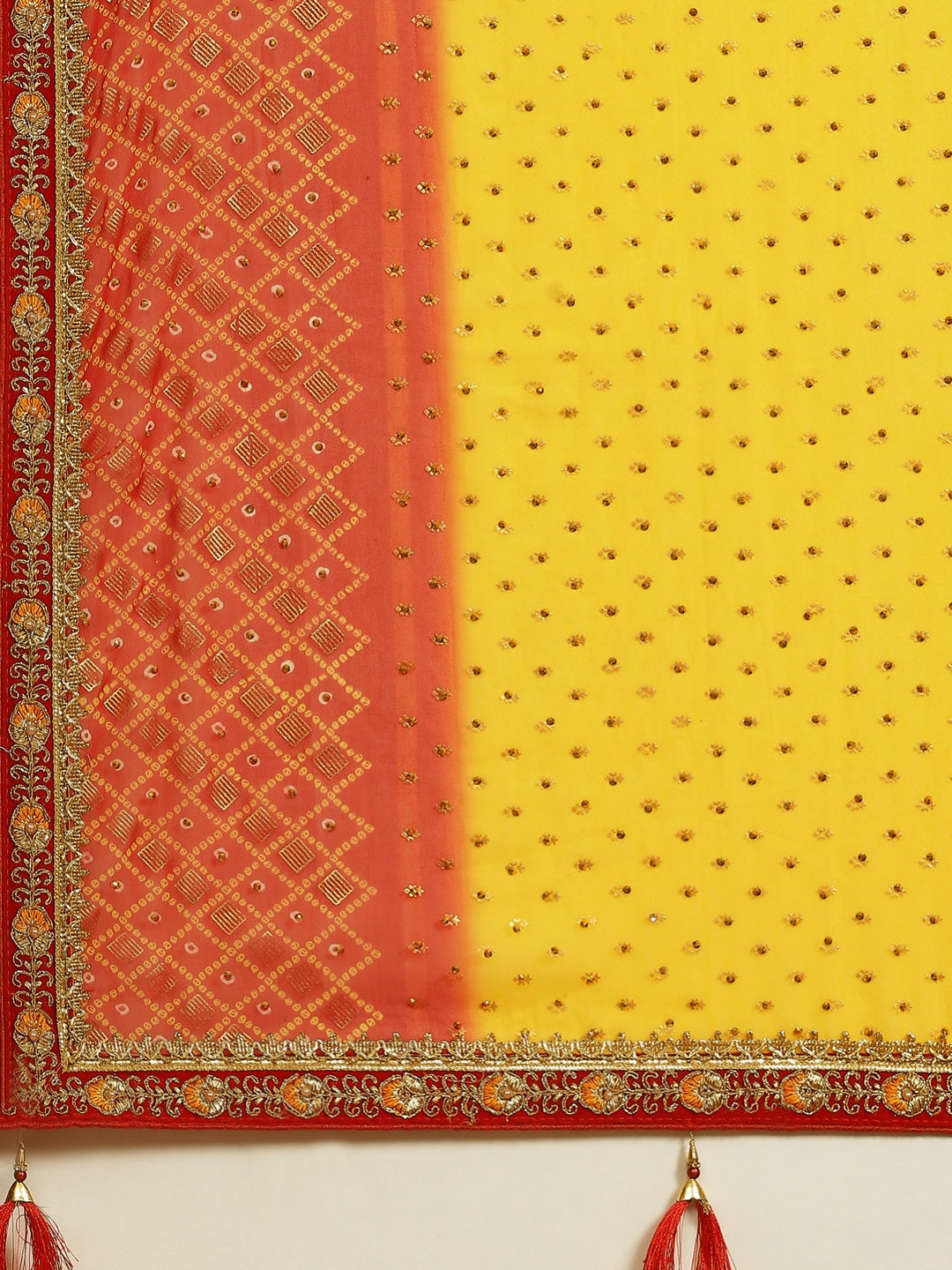 Ombre Bandhej Foil Print Georgette Saree with Embroidered Border