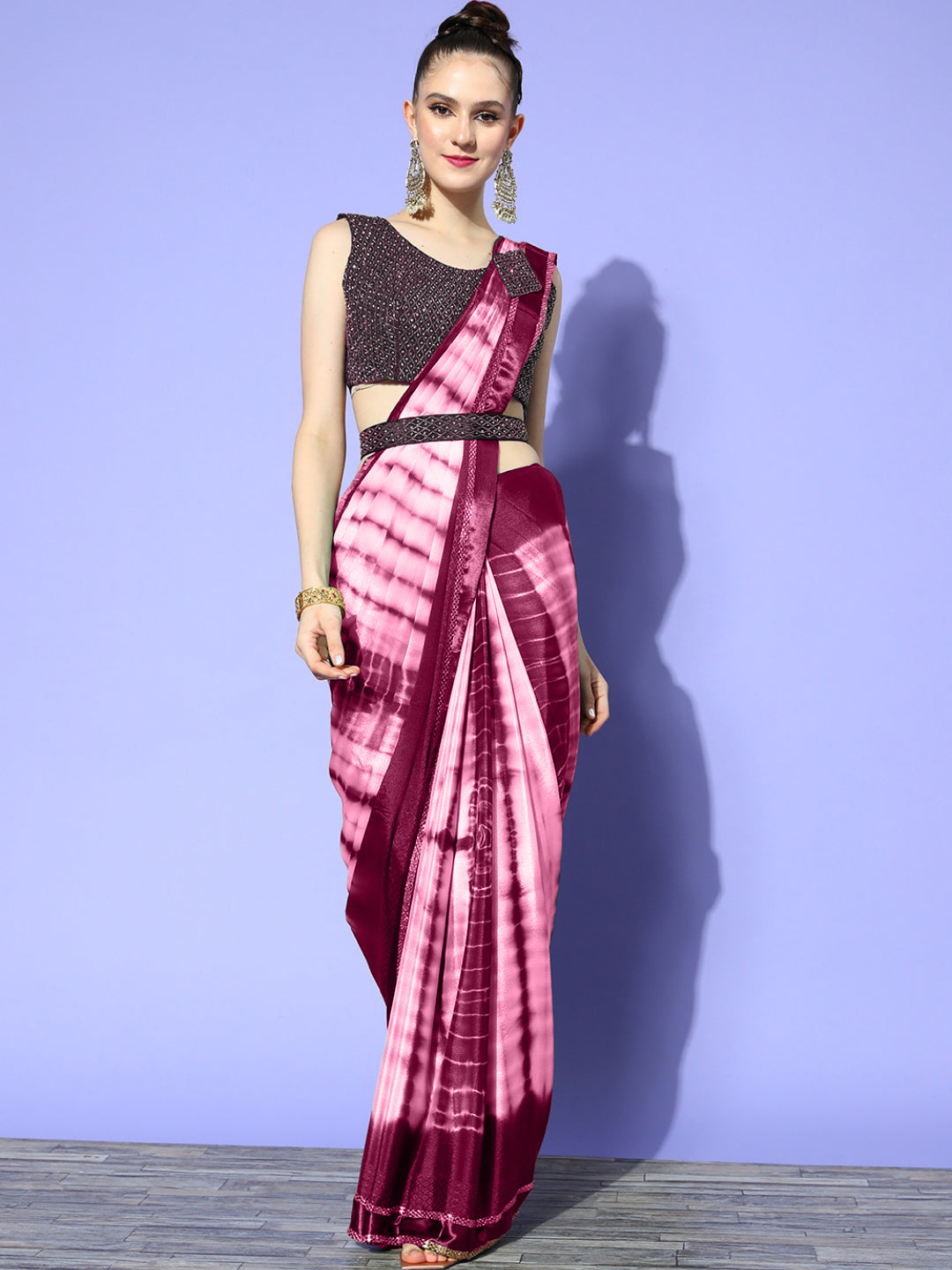 Tie & Die Chiffon Leheriya Pre-Draped Saree with Blouse and Belt