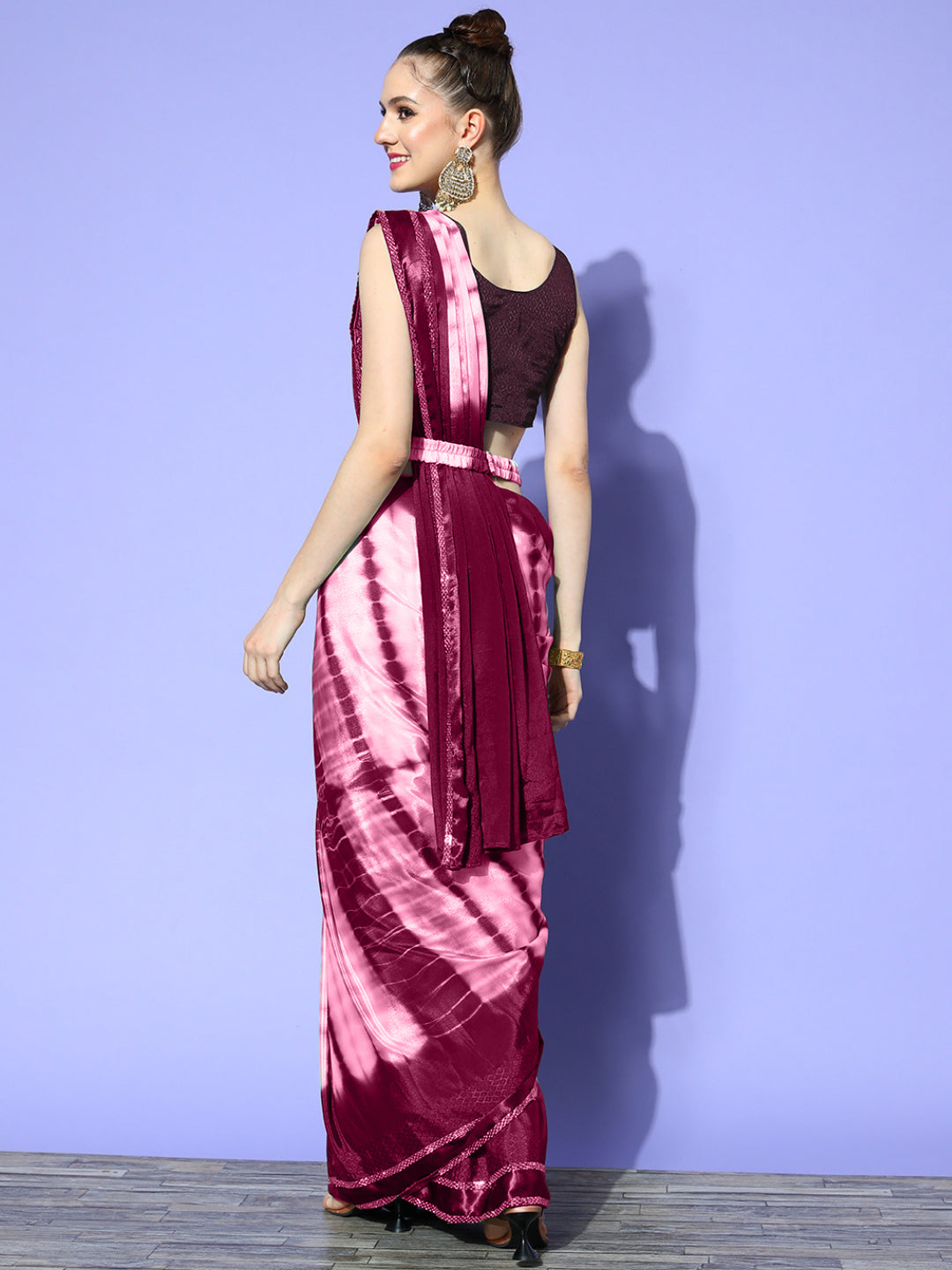 Wine Tie & Die Draped Belted Chiffon Saree With Heavy Blouse