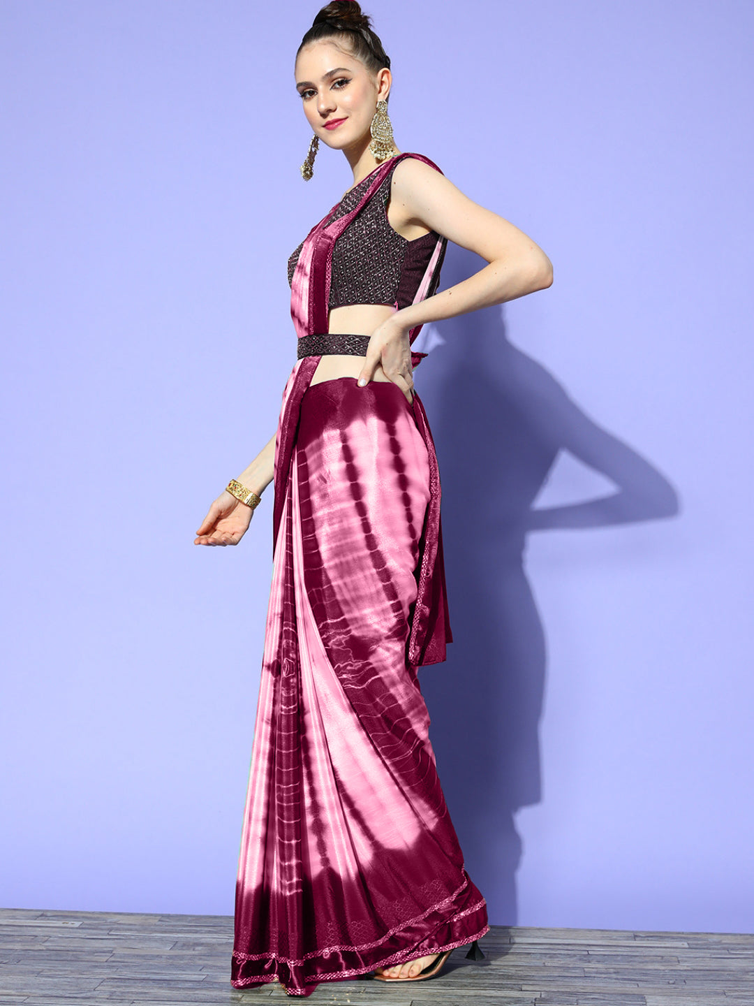 Wine Tie & Die Draped Belted Chiffon Saree With Heavy Blouse