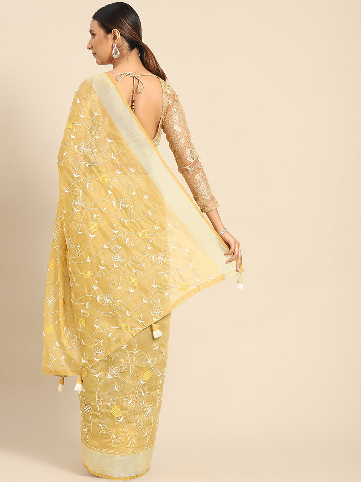 Golden White Resham thread Embroidery Chanderi Cotton Saree