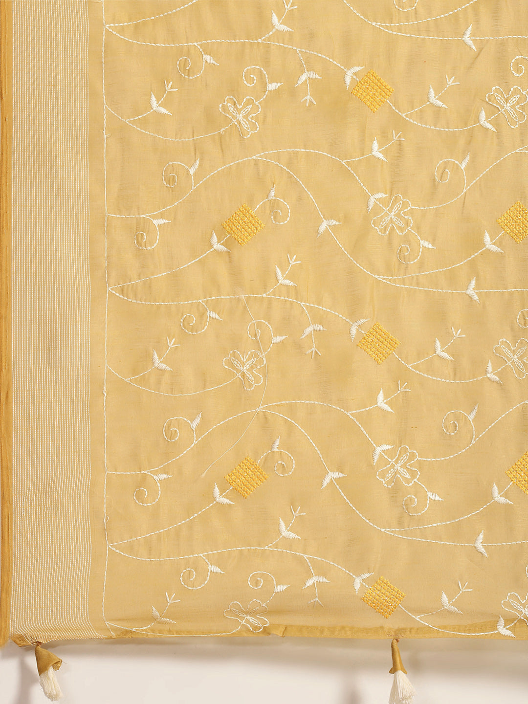Golden White Resham thread Embroidery Chanderi Cotton Saree