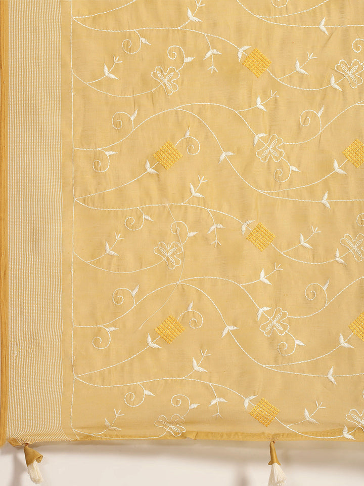 Golden White Resham thread Embroidery Chanderi Cotton Saree