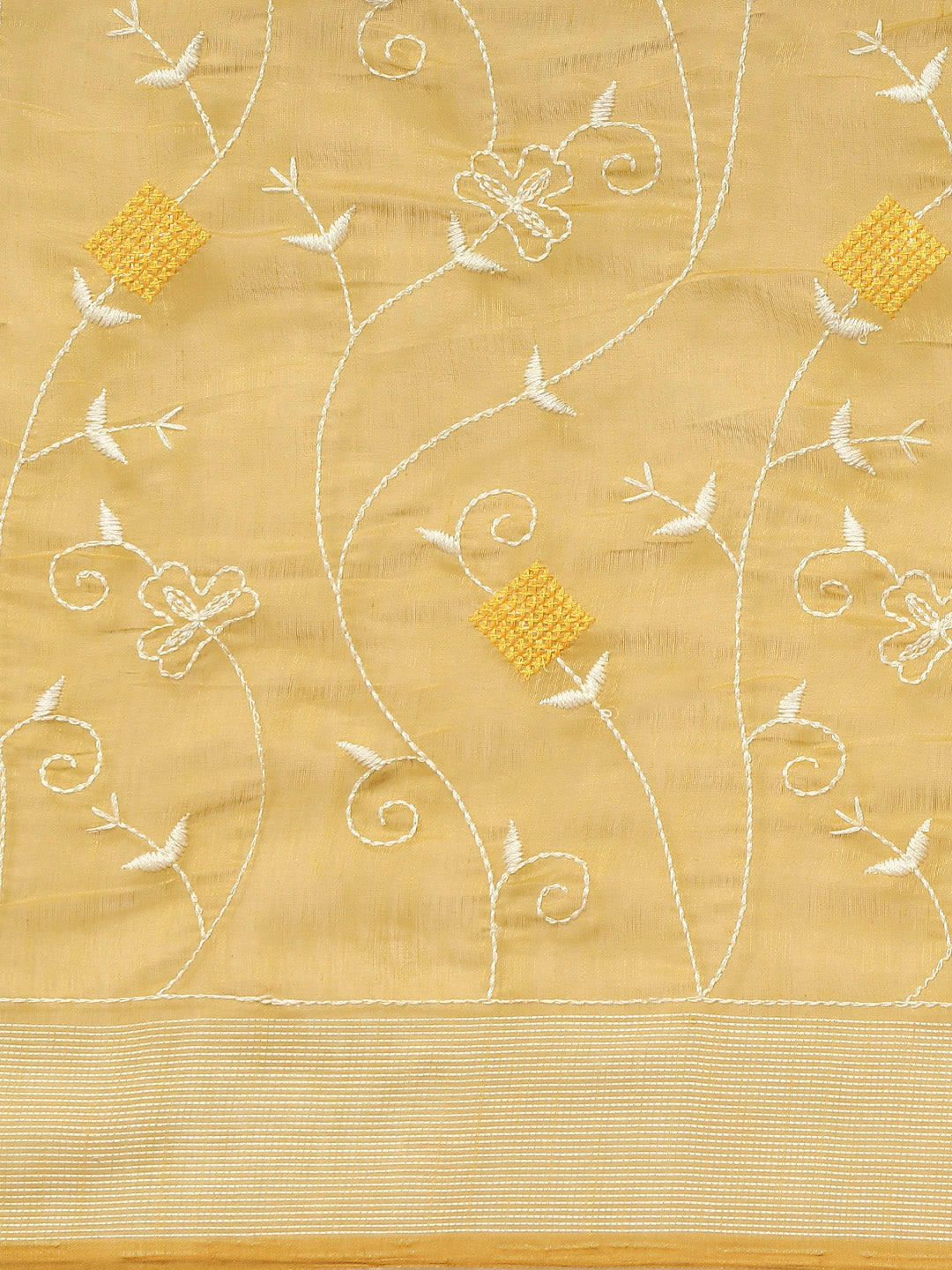 Golden White Resham thread Embroidery Chanderi Cotton Saree