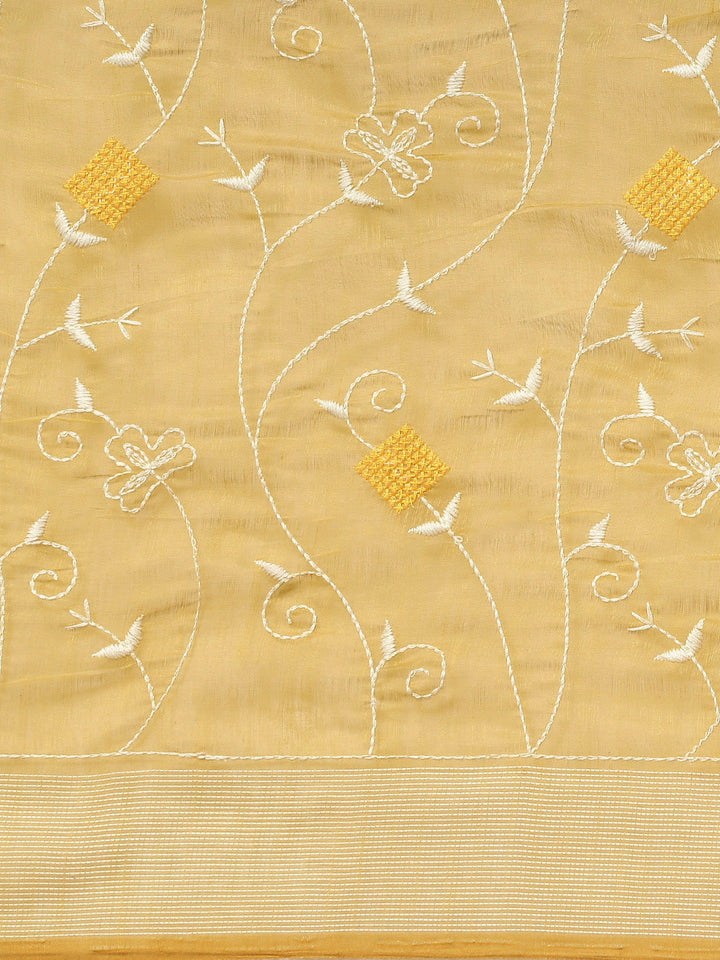Golden White Resham thread Embroidery Chanderi Cotton Saree