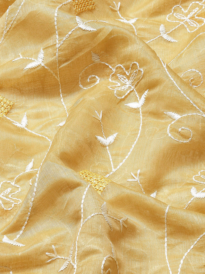 Golden White Resham thread Embroidery Chanderi Cotton Saree