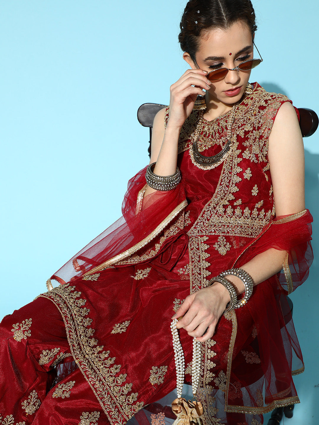 Maroon Net Suit Set with matching Long Jacket & dupatta
