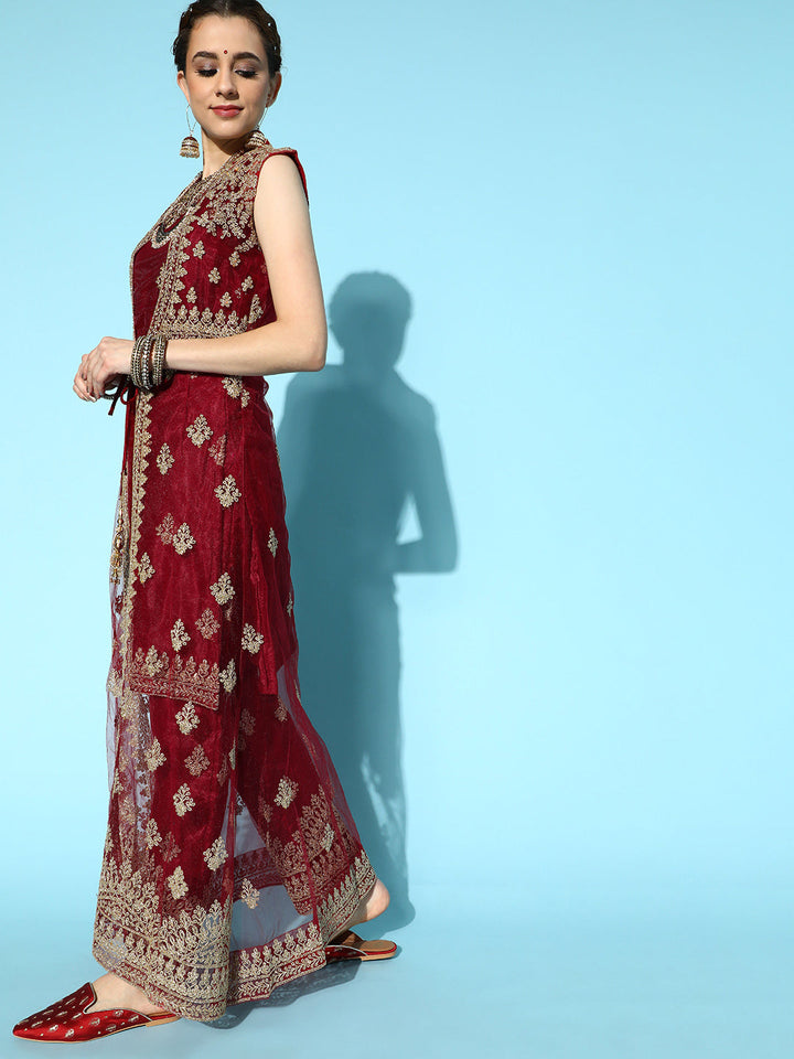 Maroon Net Suit Set with matching Long Jacket & dupatta